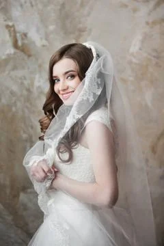 Portrait of the smiling bride with perfect make up and hairstyle Stock Photos
