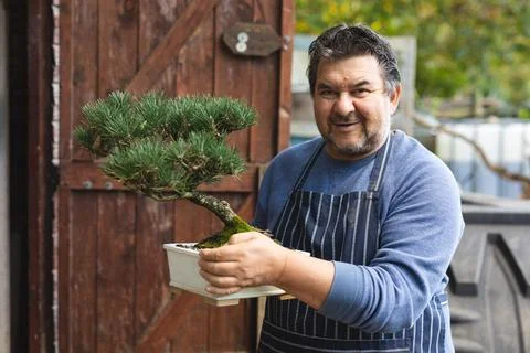 Portrait of smiling caucasian male gardener holding bonsai tree at garden centre Stock Photos