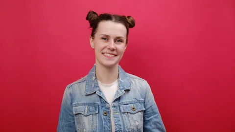 Portrait of smiling charming fun happy woman wearing blue denim jacket Stock Footage 266385883