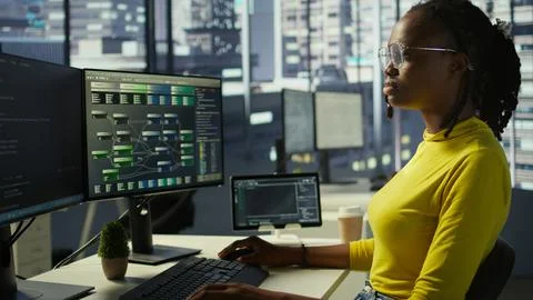 Portrait of smiling computer scientist at work doing software debugging using PC 스톡 사진