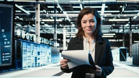 Portrait of smiling data center engineer optimizing equipment rigs using AI Stock Photos