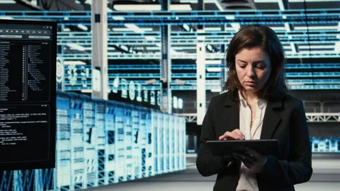 Portrait of smiling data center technician using AR control panel Stock Footage 329333021