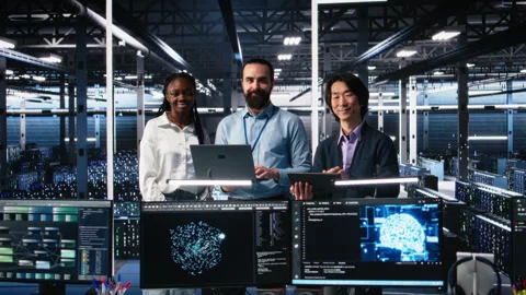 Portrait of smiling engineers in data center code with generative AI Stock Footage 313635494