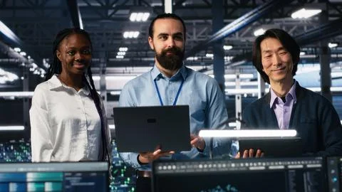 Portrait of smiling engineers in data center code with generative AI Stock Photos
