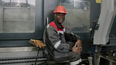 Portrait of Smiling Factory Engineer Posing by Industrial Controller Stock Footage 280383548