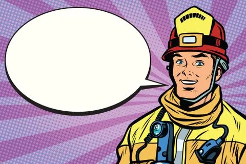 Portrait of a smiling fireman, comic book bubble Stock Illustration