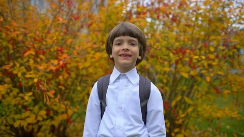 Portrait of smiling happy cute boy schoolboy with backpack laughing to camera Stock Footage 100102853