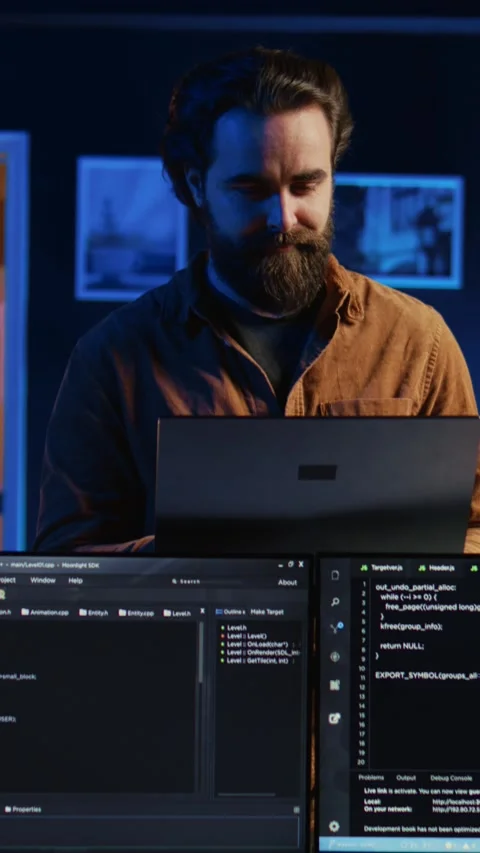 Portrait of smiling man doing IT support job from home, standing in office 動画素材 264511799