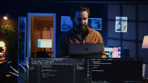 Portrait of smiling man doing IT support job from home, standing in office 動画素材 265337387