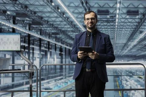 Portrait of smiling man in microchip smart factory using MES software Stock Photos