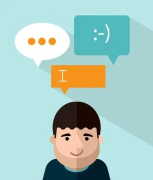 Portrait of smiling man with speech bubbles above his head Stock Illustration