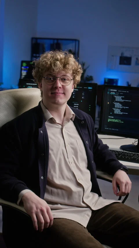 Portrait of Smiling Man Working on Cybersecurity in Office Stock Footage 347305225