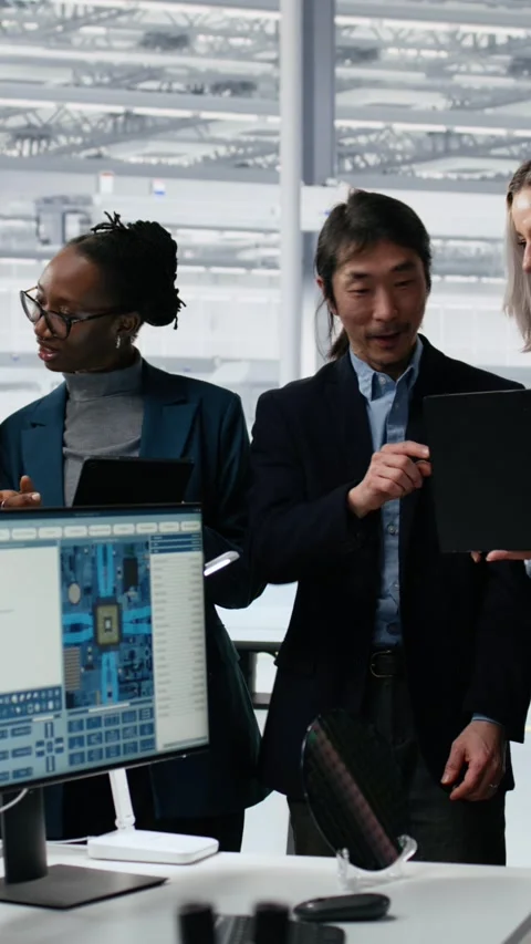 Portrait of smiling multiethnic engineering team optimizing PCB production Video stock 335883399