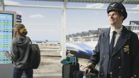 Portrait of smiling pilot captain with hat standing in airport terminal Stock Photos