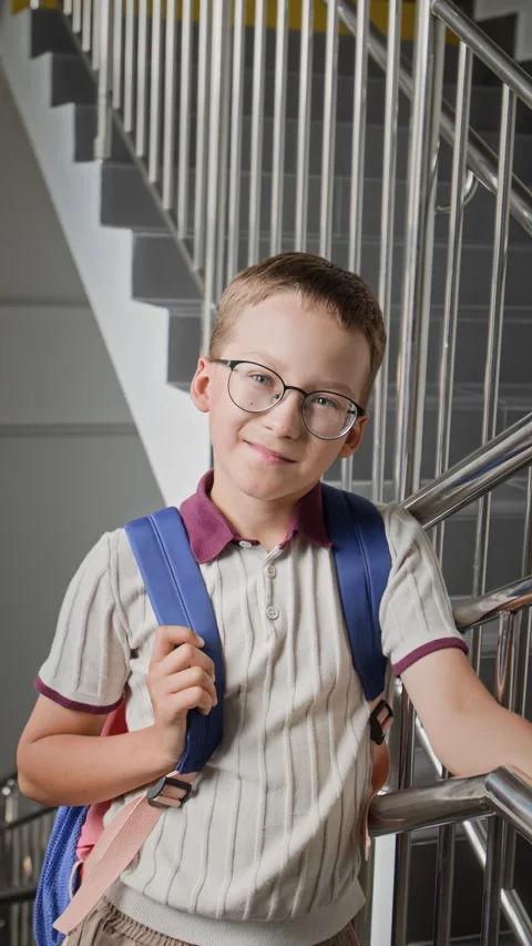 Portrait of Smiling Schoolboy Holding Backpack on School Stairs Stock Footage 345246852