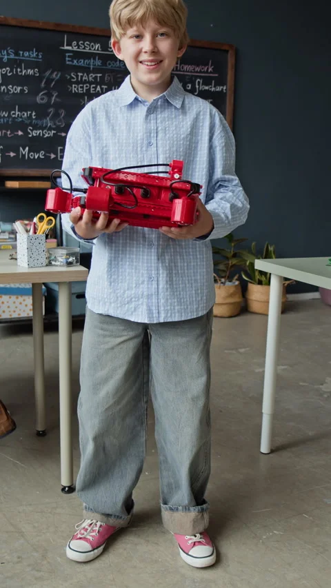 Portrait of Smiling Schoolboy Holding Robot in Robotics Class Stock Footage 339188433
