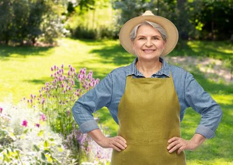 Portrait of smiling senior woman in garden apron Stock Photos