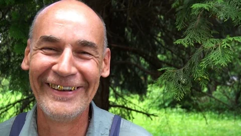 Portrait of a smiling shoemaker on a background of green pine needles Stock Footage 77883089