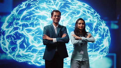 Portrait of smiling team of technicians implementing artificial intelligence Stock Footage 278622167