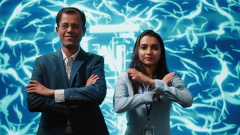 Portrait of smiling team of technicians implementing artificial intelligence Stock Footage 278622317