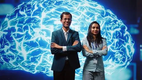 Portrait of smiling team of technicians implementing artificial intelligence Foto stock