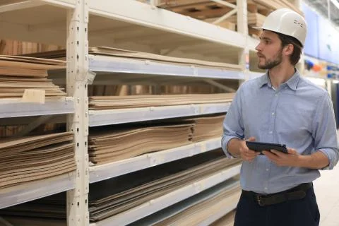 Portrait of a smiling warehouse keeper at work. Stock Photos