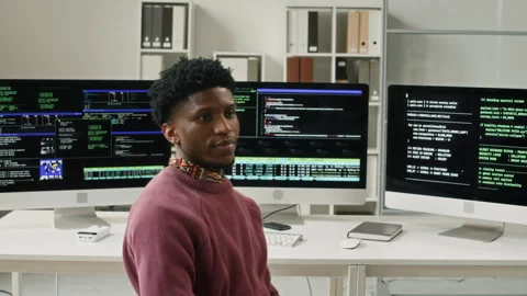Portrait of Smiling Young Black IT Engineer Sitting at Computer Desk in Office Stock Footage 330130377