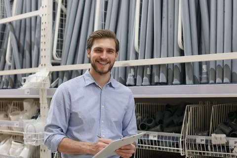 Portrait of a smiling young warehouse worker working in a cash and carry Stock Photos