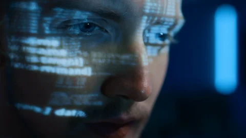 Portrait of Software Developer / Hacker Working on Personal Computer, Projected Stock Footage 103575073