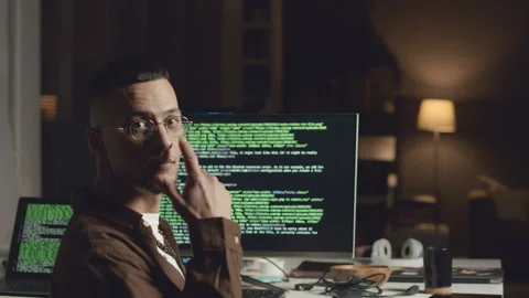 Portrait of Software Engineer in Dark Office Stock Footage 259157679