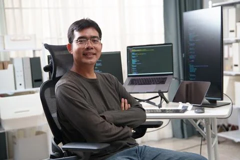 Portrait of a Software Engineer Working at a Desk with Multiple Screens and Stock Photos