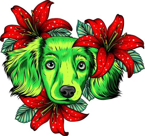 Portrait of a Spaniel dog in a flower head wreath. Vector illustration. Stock Illustration
