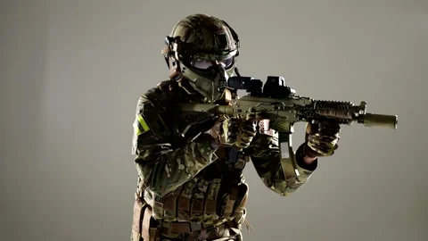 Portrait of special forces soldier in studio, warrior in modern uniform with Video stock 267383296