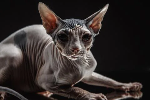 Portrait of a Sphinx cat on a dark background with dramatic light Stock Photos