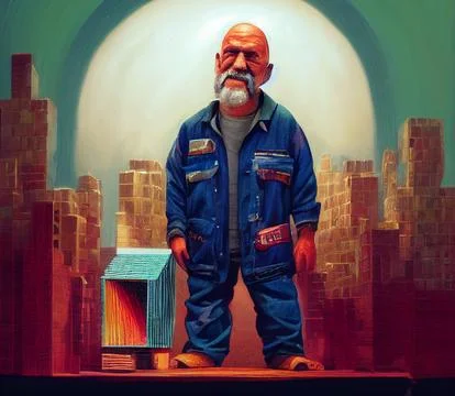 Portrait of a strange builder. An elderly builder. 스톡 일러스트