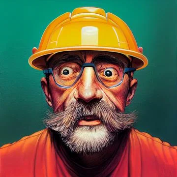 Portrait of a strange builder. An elderly builder. 스톡 일러스트