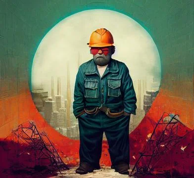 Portrait of a strange builder. An elderly builder. Stock Illustration