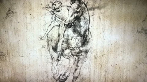 A portrait study or sketch depicting a young man on a horse by Leonardo da Vinci Stock Footage 143905429