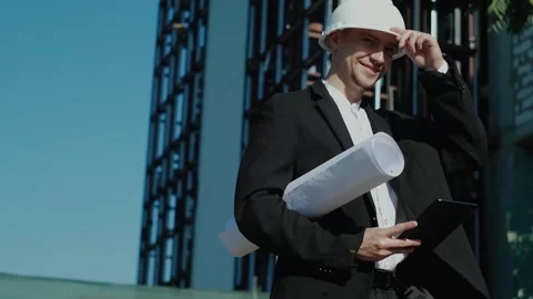 Portrait of a successful handsome engineer, architect, builder, businessman in a Stock Footage 249263065