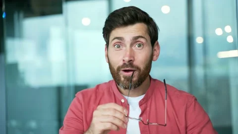 Portrait of surprised businessman looking at camera computer monitor screen.  Stock Footage 234145100