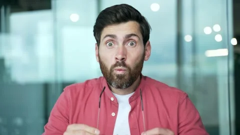 Portrait of surprised businessman looking at camera computer monitor screen.  Stock Footage 234150722