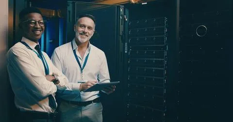 Portrait, tablet and men in server room, cyber security and teamwork with 写真素材