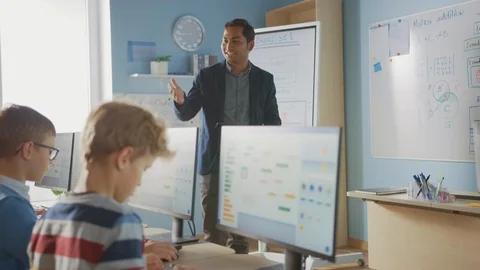 Portrait of Teacher Using Digital Tablet, Explains Lesson to Smart Children Stock Footage 119360566