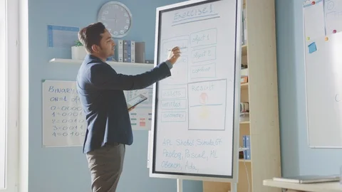 Portrait of Teacher Using Digital Tablet, Explains Lesson to Smart Children Stock Footage 119360670