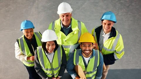 Portrait, team and engineer with above of people in building for inspection Stock Photos