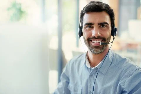 Portrait, tech support and man with a computer, call center and employee with Stock Photos