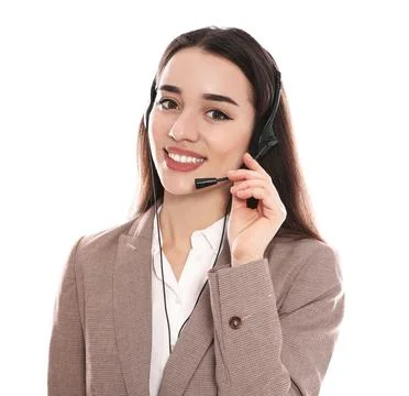 Portrait of technical support operator with headset isolated on white Stock Photos