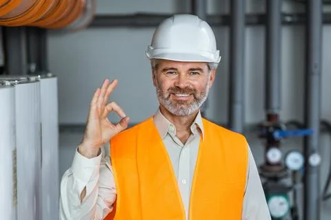 Portrait of technician standing inside heating plant boiler department showin Stock Photos