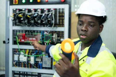Portrait of a technician working with a digital multimeter to test the ele... 스톡 사진