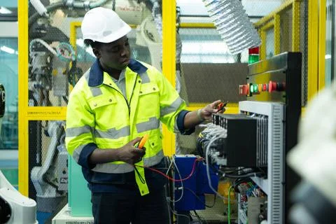 Portrait of a technician working with a digital multimeter to test the ele... 스톡 사진